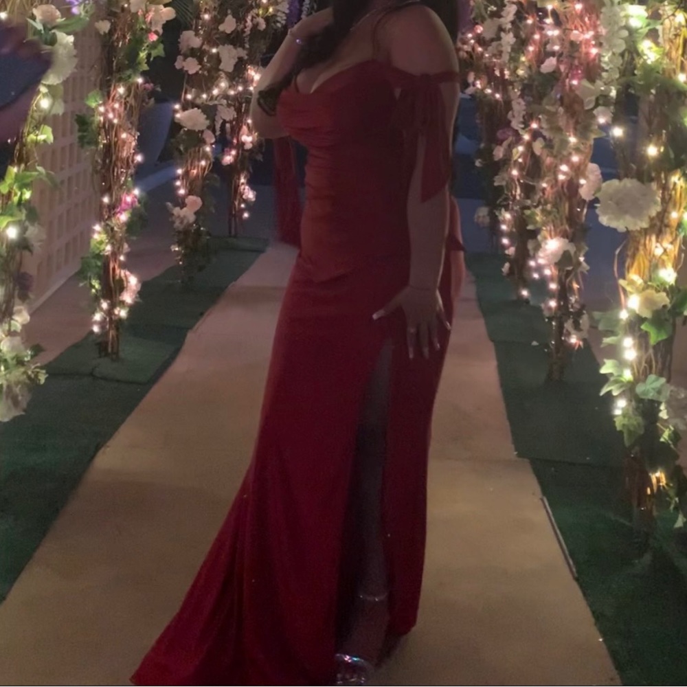 Burgundy Off-Shoulder High-Slit Fitted Evening Gown, Style CD943 or Amber Gown - Picture 2 of 2